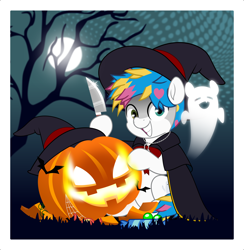 Size: 4878x5000 | Tagged: safe, artist:jhayarr23, ghost, pegasus, pony, undead, awsten knight, candy, cape, clothes, commission, dyed mane, dyed tail, evil grin, food, grin, halloween, hat, heterochromia, holiday, hoof hold, jack-o-lantern, jewelry, knife, looking at you, male, moon, necklace, outdoors, ponified, pumpkin, sitting, smiling, solo, stallion, tail, tree, waterparks, witch hat