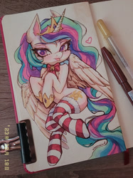 Size: 1037x1383 | Tagged: safe, artist:hikerumin, princess celestia, alicorn, semi-anthro, g4, :p, anatomically incorrect, arm hooves, bells, christmas, christmas stocking, clothes, eyelashes, holiday, hoof shoes, human shoulders, incorrect leg anatomy, long mane, long tail, marker drawing, no neck, partially open wings, pencil drawing, princess shoes, signature, sketchbook, socks, solo, striped socks, tail, tongue out, traditional art, wings
