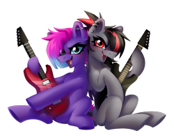 Size: 2270x1800 | Tagged: safe, artist:rtootb, oc, oc only, oc:era, oc:singularity, pegasus, pony, 2024 community collab, derpibooru community collaboration, blue eyes, blushing, cute, duo, duo female, ear fluff, ear piercing, electric guitar, female, floppy ears, guitar, looking at you, metal, musical instrument, open mouth, pegasus oc, piercing, red eyes, simple background, smiling, smiling at you, transparent background, wings