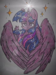 Size: 2448x3266 | Tagged: safe, artist:starkey, twilight sparkle, alicorn, pony, g4, chest fluff, ear fluff, folded wings, high res, large wings, leonine tail, partially open wings, stars, tail, traditional art, twilight sparkle (alicorn), wide eyes, wings