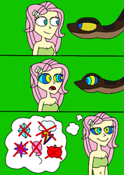 Size: 419x593 | Tagged: safe, artist:beecartoonist13, fluttershy, human, snake, equestria girls, g4, bikini, breasts, busty fluttershy, clothes, comic, female, green background, humanized, hypno eyes, hypnoshy, hypnosis, hypnotized, implied applejack, implied pinkie pie, implied rainbow dash, implied rarity, implied twilight sparkle, kaa, kaa eyes, lidded eyes, open mouth, red cross, simple background, smiling, swimsuit, thought bubble