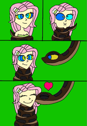 Size: 407x593 | Tagged: safe, artist:beecartoonist13, fluttershy, human, snake, equestria girls, g4, ^^, bikini, breasts, busty fluttershy, cheek kiss, clothes, coiling, coils, comic, cute, duo, eyes closed, green background, gulp, heart, humanized, hypno eyes, hypnoshy, hypnosis, hypnotized, kaa, kaa eyes, kissing, shyabetes, simple background, sleeping, swimsuit, wrapped up