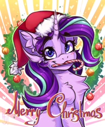 Size: 1400x1689 | Tagged: safe, artist:falafeljake, starlight glimmer, pony, unicorn, g4, blush lines, blushing, candy, candy cane, chest fluff, christmas, christmas wreath, cute, ear fluff, eyebrows, eyebrows visible through hair, female, fluffy, food, glimmerbetes, hat, holiday, horn, looking at you, mare, merry christmas, mouth hold, santa hat, shoulder fluff, sitting, smiling, smiling at you, solo, wreath