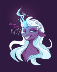 Size: 1329x1677 | Tagged: safe, artist:nettlemoth, opaline arcana, alicorn, earth pony, g5, bust, dialogue, female, floppy ears, glowing, glowing horn, grin, horn, implied misty brightdawn, mare, purple background, simple background, sinister smile, smiling, solo, talking to viewer