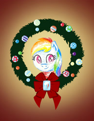 Size: 2550x3300 | Tagged: safe, artist:flutterluv, part of a set, rainbow dash, pegasus, pony, g4, bust, christmas, christmas wreath, gradient background, high res, holiday, portrait, smiling, solo, wreath
