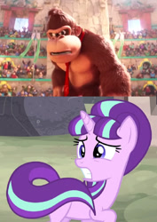 Size: 1123x1588 | Tagged: safe, edit, edited screencap, screencap, starlight glimmer, gorilla, pony, unicorn, g4, the cutie map, abuse, crossover, donkey kong, donkey kong (series), duo, duo male and female, female, glimmerbuse, implied glimmerbuse, male, mare, now you die, s5 starlight, starlight gets what's coming to her, super mario bros., the super mario bros. movie, this will end in pain