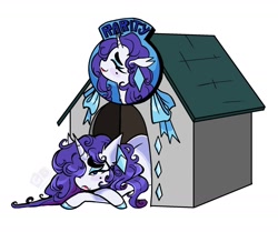 Size: 2030x1695 | Tagged: safe, artist:clarissasbakery, rarity, pony, unicorn, g4, crossed hooves, doghouse, family guy, female, go to your peter house, lidded eyes, lying down, mare, prone, simple background, solo, white background