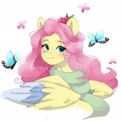Size: 2048x2048 | Tagged: safe, artist:mikkybun, fluttershy, butterfly, pegasus, pony, g4, aside glance, blushing, bust, clothes, colored wings, colored wingtips, cute, female, flower, flower in hair, high res, looking at you, mare, multicolored wings, partially open wings, scarf, shyabetes, signature, simple background, solo, sternocleidomastoid, turned head, white background, wings