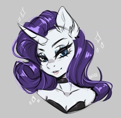 Size: 1487x1450 | Tagged: safe, artist:in4ri_, rarity, unicorn, anthro, g4, bare shoulder portrait, bare shoulders, breasts, bust, choker, cleavage, female, gray background, lidded eyes, looking at you, mare, portrait, simple background, smiling, smiling at you, solo