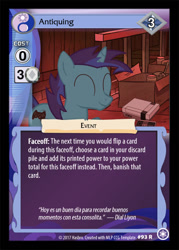 Size: 375x523 | Tagged: safe, artist:dialliyon, enterplay, oc, oc:dial liyon, unicorn, g4, my little pony collectible card game, the crystal games, attic, card game, ccg, eyes closed, happy, horn, solo, spanish text, super nintendo, text, unicorn oc