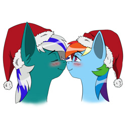 Size: 2000x2000 | Tagged: safe, artist:erein, rainbow dash, oc, oc:blue star, changeling, pegasus, pony, g4, bedroom eyes, blushing, boop, canon x oc, changeling oc, christmas, colored, commission, cute, duo, ears up, eyes closed, female, flat colors, happy, hat, high res, holiday, male, multicolored hair, nose wrinkle, noseboop, santa hat, simple background, smiling, white background