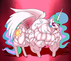 Size: 1200x1024 | Tagged: safe, artist:baronbulge, princess celestia, alicorn, pony, g4, female, mare, muscles, overdeveloped muscles, princess musclestia, solo, tongue out