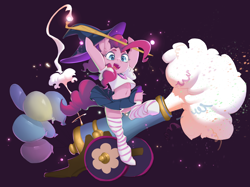 Size: 2732x2048 | Tagged: safe, artist:blue ink, pinkie pie, earth pony, pony, g4, balloon, belly button, clothes, hat, high res, midriff, open mouth, panties, party cannon, skirt, socks, solo, staff, striped socks, underwear, witch hat