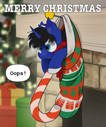 Size: 2243x2701 | Tagged: safe, alternate character, alternate version, artist:mochi_nation, oc, oc only, oc:night reader, bat pony, pony, unicorn, candy, candy cane, christmas, christmas lights, christmas stocking, christmas tree, clothes, commission, food, high res, holiday, male, scarf, solo, stallion, tiny, tiny ponies, tree, ych result