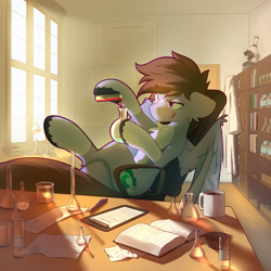 Size: 3000x3000 | Tagged: safe, artist:o0o-bittersweet-o0o, oc, oc only, oc:luck, pegasus, pony, beaker, book, chest fluff, clothes, coffee, commission, crossed legs, desk, flask, floppy ears, high res, holding, indoors, lab coat, laboratory, looking at something, male, microscope, mug, partially open wings, periodic table, shelf, sitting, solo, stallion, table, test tube, tongue out, window, wings