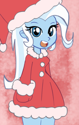 Size: 1291x2024 | Tagged: safe, artist:lirudraw, trixie, human, equestria girls, g4, :d, christmas, clothes, dress, female, hat, holiday, mittens, open mouth, open smile, red background, santa hat, simple background, smiling, wrong eye color