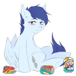 Size: 2500x2500 | Tagged: safe, artist:nekaneba, oc, oc only, oc:slipstream, pegasus, pony, 2024 community collab, derpibooru community collaboration, drink, heterochromia, high res, mountain dew, simple background, slouching, soda can, solo, tired, transparent background, wings