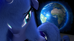 Size: 1920x1080 | Tagged: safe, artist:mrwithered, princess luna, pony, g4, 3d, blender, earth, solo