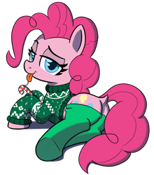 Size: 632x718 | Tagged: safe, artist:maretian, pinkie pie, earth pony, pony, g4, butt, candy, candy cane, clothes, dock, drool, drool string, female, food, licking, looking at you, looking back, looking back at you, lying down, mare, plot, simple background, socks, solo, sweater, tail, tongue out, transparent background