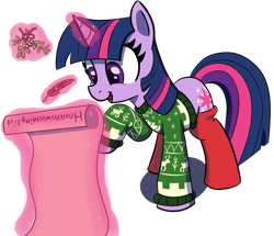 Size: 797x686 | Tagged: safe, artist:maretian, twilight sparkle, pony, unicorn, g4, checklist, clothes, female, list, mare, mistletoe, quill, raised hoof, simple background, smiling, socks, solo, sweater, transparent background, twilight being twilight