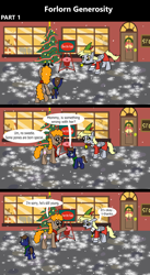 Size: 1920x3516 | Tagged: safe, artist:platinumdrop, derpy hooves, oc, earth pony, pegasus, pony, comic:forlorn generosity, g4, 3 panel comic, apology, bell, bits, charity, christmas, christmas ornaments, christmas tree, closed door, clothes, colt, comic, commission, costume, dialogue, donation, door, elf costume, elf hat, excited, feathered hat, female, floppy ears, foal, folded wings, front door, green scarf, hat, hearth's warming, holiday, jewelry, male, mare, mouth hold, necklace, nervous, onomatopoeia, open mouth, ornaments, outdoors, outfit, red scarf, sad, scarf, sign, smiling, snow, snowfall, sound effects, speech bubble, storefront, talking, toy, toy store, tree, trio, walking, wall of tags, window, wings, winter