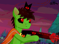 Size: 4000x3000 | Tagged: safe, artist:zocidem, oc, oc only, oc:wrench, earth pony, pony, semi-anthro, arm hooves, cape, clothes, crossover, cult of the lamb, gun, possessed, red crown, red eyes, solo, weapon