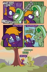 Size: 1920x2948 | Tagged: safe, artist:alexdti, oc, oc:purple creativity, oc:screwpine caprice, pegasus, pony, comic:quest for friendship retold, blushing, crying, female, glasses, implied twilight sparkle, laughing, mare, tears of laughter, tree