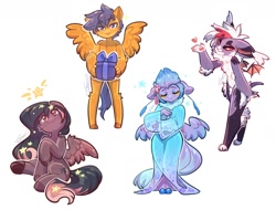 Size: 2395x1824 | Tagged: safe, artist:peachmayflower, oc, oc only, oc:cloudburst (trebl900), oc:empyrea, oc:star universe, pegasus, pony, anthro, bipedal, blue eyes, blue mane, blue tail, chibi, clothes, colored, commissioner:trebl900, female, flower, flower in hair, furry, furry oc, hand, holding a present, hooves, kimono (clothing), looking at you, male, orange fur, pegasus oc, present, simple background, sparkles, spread wings, tail, white background, wings