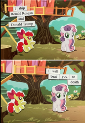 Size: 628x911 | Tagged: safe, artist:ponymagnets, apple bloom, sweetie belle, earth pony, pony, unicorn, g4, clubhouse, crusaders clubhouse, implied violence, ponymagnets, stock vector, threatening, tree stump, treehouse