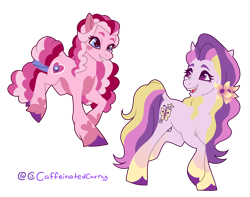 Size: 1534x1211 | Tagged: safe, artist:caffeinatedcarny, derpibooru exclusive, fluttershy (g3), valenshy, earth pony, pony, g3, coat markings, colored hooves, duo, flower, flower in hair, hair tie, markings, open mouth, open smile, redesign, running, simple background, smiling, socks (coat markings), transparent background, unshorn fetlocks