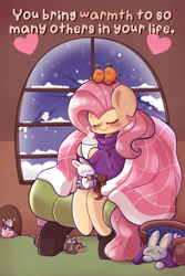 Size: 1200x1800 | Tagged: safe, artist:typhwosion, angel bunny, fluttershy, bird, ferret, mouse, rabbit, squirrel, g4, animal, blanket, chair, clothes, cute, eyes closed, female, mare, positive ponies, shyabetes, sweater, sweatershy, text