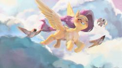 Size: 3840x2160 | Tagged: safe, artist:haku nichiya, fluttershy, bird, pegasus, pony, g4, backlighting, blushing, chest fluff, chromatic aberration, cloud, crying, day, eyes closed, female, film grain, flying, grin, happy, high res, mare, outdoors, pink hair, sky, sky background, smiling, solo, spread wings, sunny day, tail, tears of joy, windswept mane, windswept tail, wings, yellow coat