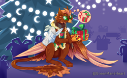 Size: 4500x2748 | Tagged: safe, artist:greenmaneheart, oc, oc:pavlos, griffon, broken bone, broken wing, cast, christmas, christmas tree, clothes, colored wings, commission, confused, eared griffon, griffon oc, happy, holiday, injured, leg fluff, male, one wing out, open mouth, present, sling, solo, sweater, tree, wing fluff, wings