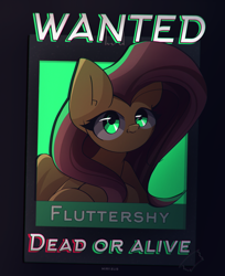 Size: 2200x2700 | Tagged: safe, artist:miryelis, fluttershy, pegasus, pony, g4, big ears, cute, female, glowing, glowing eyes, high res, long hair, looking at you, mare, poster, shyabetes, signature, simple background, smiling, solo, text