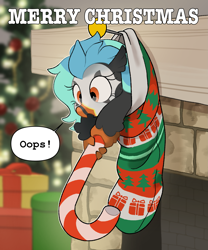 Size: 2243x2701 | Tagged: safe, alternate character, alternate version, artist:mochi_nation, oc, oc only, oc:icebeak, hippogriff, candy, candy cane, christmas, christmas stocking, christmas tree, clothes, commission, food, high res, holding, holiday, present, speech bubble, tree, ych result