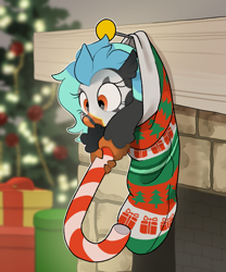 Size: 2243x2701 | Tagged: safe, alternate character, alternate version, artist:mochi_nation, oc, oc only, oc:icebeak, hippogriff, candy, candy cane, christmas, christmas stocking, christmas tree, clothes, commission, food, high res, holding, holiday, tree, ych result