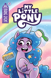 Size: 2063x3131 | Tagged: safe, artist:robin easter, idw, official comic, izzy moonbow, pony, unicorn, g5, my little pony: mane event, official, brush, cloud, comb, comic, comic cover, cover, cover art, female, hairbrush, heart, high res, mare, my little pony logo, rainbow, sky, solo, stars, text