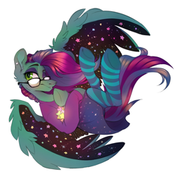 Size: 2210x2160 | Tagged: safe, artist:wacky-skiff, oc, oc only, oc:star dust, pegasus, pony, blouse, blue eyeshadow, blue mane, blue tail, clothes, crossdressing, ear piercing, eyelashes, eyeliner, eyeshadow, femboy, glasses, green eyes, high res, long mane, long tail, looking at something, lying down, makeup, male, multicolored mane, multicolored tail, one eye closed, pantyhose, pegasus oc, piercing, purple mane, purple tail, request, requested art, simple background, skirt, solo, spread wings, stars, tail, teal wings, white background, wings