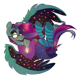 Size: 2210x2160 | Tagged: safe, alternate version, artist:wacky-skiff, oc, oc only, oc:star dust, pegasus, pony, blouse, blue eyeshadow, blue mane, blue tail, clothes, crossdressing, ear piercing, eyelashes, eyeliner, eyeshadow, femboy, glasses, green eyes, high res, long mane, long tail, looking at something, lying down, makeup, male, multicolored mane, multicolored tail, one eye closed, pantyhose, pegasus oc, piercing, purple mane, purple tail, request, requested art, simple background, skirt, solo, spread wings, stars, tail, teal wings, transparent background, wings