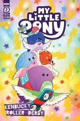 Size: 2063x3131 | Tagged: safe, artist:trish forstner, idw, official comic, pegasnail, snail, g5, kenbucky roller derby #2, my little pony: kenbucky roller derby, official, abstract background, comic, comic cover, cover, cover art, high res, kentucky derby, lightning, my little pony logo, pun, sign, skateboard, stars, text