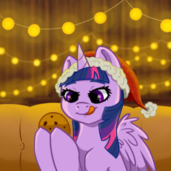 Size: 1024x1024 | Tagged: safe, artist:ritork, twilight sparkle, alicorn, pony, g4, christmas, christmas tree, commission, cookie, couch, female, food, garland, hat, holiday, mare, result ych, santa hat, solo, tree, twilight sparkle (alicorn), your character here