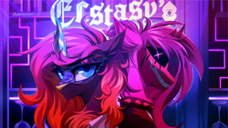 Size: 2814x1583 | Tagged: safe, artist:chamommile, oc, oc only, kirin, original species, pegasus, pony, ammunition, blue eyes, bust, clothes, commission, crown, duo, duo female, female, horn, jewelry, kirin oc, looking at you, mask, neon, pegasus oc, pink mane, portrait, regalia, two toned mane, ych result