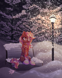 Size: 2942x3710 | Tagged: safe, artist:jsunlight, oc, oc only, earth pony, pony, bench, clothes, cute, detailed background, happy, high res, lamp, lamppost, night, park, park bench, peaceful, ponified, scarf, scenery, sergeant reckless, snow, snowfall, solo