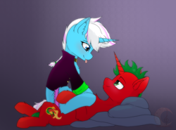 Size: 4120x3043 | Tagged: safe, artist:nekoremilia1, oc, oc only, oc:blue eye beats, oc:cayenne pepper, pony, unicorn, :p, blushing, female, female on male, horn, looking at each other, looking at someone, loving gaze, lying down, male, mare, mare on stallion, shipping, sitting on lap, stallion, straight, tongue out, unicorn oc
