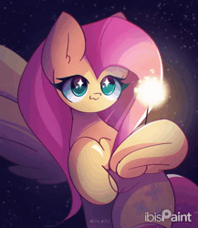 Size: 1300x1500 | Tagged: safe, artist:miryelis, fluttershy, pegasus, pony, g4, :3, animated, cute, dark background, female, gif, ibispaint x, looking at something, mare, one wing out, raised hoof, shyabetes, sitting, smiling, solo, sparkler (firework), starry eyes, turned head, wing hands, wing hold, wingding eyes, wings