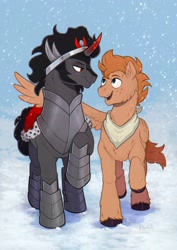 Size: 1450x2048 | Tagged: safe, artist:birdoffnorth, king sombra, oc, pegasus, pony, unicorn, g4, colored horn, curved horn, duo, horn, male, pegasus oc, snow, snowfall, sombra horn, stallion