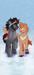 Size: 946x2048 | Tagged: safe, alternate version, artist:birdoffnorth, king sombra, oc, pegasus, pony, g4, colored horn, curved horn, duo, horn, pegasus oc, snow, snowfall, sombra horn