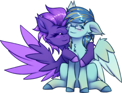 Size: 3919x2985 | Tagged: safe, artist:shad0w-galaxy, oc, oc only, oc:ruffled quill, oc:shadow galaxy, pegasus, pony, 2024 community collab, derpibooru community collaboration, :3, blushing, cheek fluff, chest fluff, cute, duo, duo male and female, ear fluff, ethereal mane, eyebrows, eyebrows visible through hair, eyes closed, female, fluffy, freckles, glasses, high res, hooves, hug, male, mare, oc x oc, pegasus oc, png, shipping, shoulder fluff, simple background, sitting, spread wings, stallion, starry mane, straight, transparent background, wing fluff, wings
