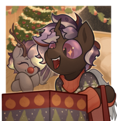 Size: 1937x2000 | Tagged: safe, artist:sb66, derpibooru exclusive, oc, oc only, oc:asher, oc:belldrums, bat pony, changeling, pony, bat pony oc, changeling oc, christmas, christmas tree, clothes, complex background, holiday, purple changeling, sweater, tree, wholesome