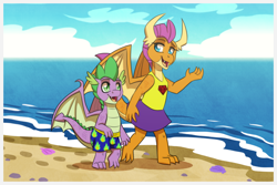 Size: 1772x1181 | Tagged: safe, artist:inuhoshi-to-darkpen, smolder, spike, dragon, g4, beach, blue eyes, clothes, dragon horns, dragon tail, dragon wings, dragoness, ear fins, eyebrows, eyelashes, fangs, female, fins, green eyes, horns, looking at each other, looking at someone, male, open mouth, sand, shirt, skirt, sleeveless, sleeveless shirt, slit pupils, swimsuit, tail, trunks, water, wings